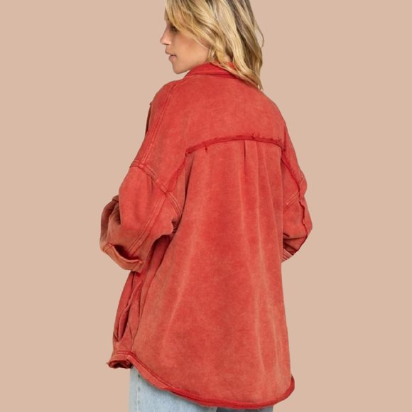 POL Red French Terry Oversized Shacket with Raw Seems - Picture 4 of 5